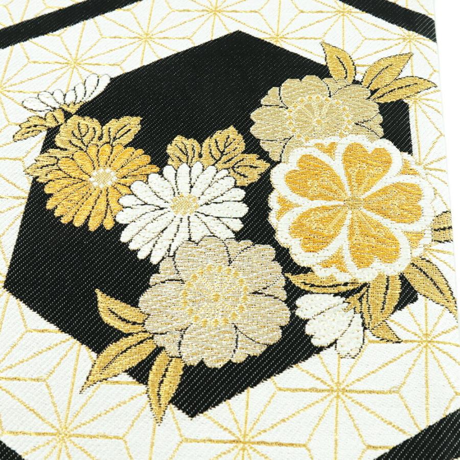 袋帯 振袖用 中古 黒 白 モノトーン 亀甲 麻の葉 桜 菊 正絹 帯