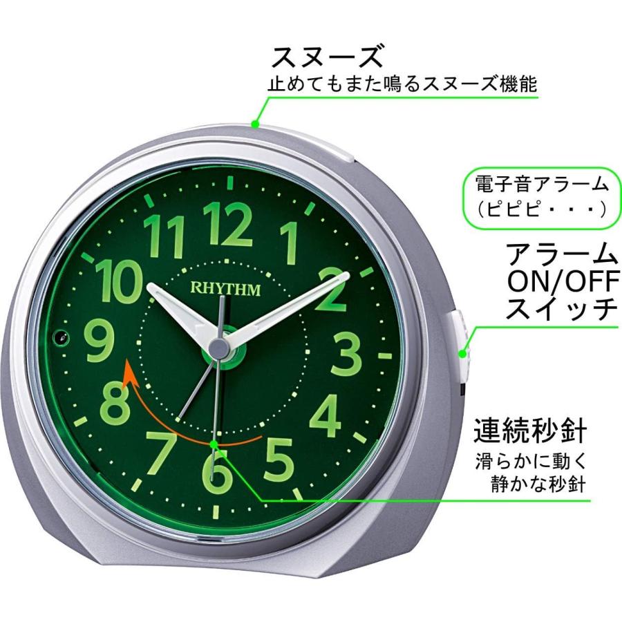 リズム(RHYTHM) 目覚まし時計 アナログ ルークR666 夜見える 暗所 ライト 自動 点灯 連続秒針 集光 文字板 電子音 アラーム 銀色 RHYTHM 8RE666SR19 | RHYTHM（時計） | 03