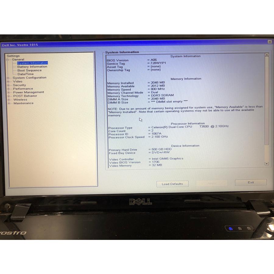 「DELL VOSTRO 1015」Win10 ＆ Office2010インストール済 / Cel-Dual-Core T3500(2コア/2スレッド) / メモリーは４GB / HDD-320GB / DVDスーパーマルチドライブ搭載 / Webカメラ / 無線LAN / Bluetooth / 大画面15.6型ワイド非光沢液晶搭載ノートPC / バッテリー使用可  中古美品 ジャンク□15.6型 Dell vostro 1015[Celeron T3500/2G/HDD:500G/S