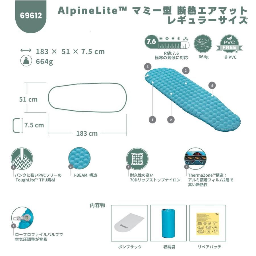 Bestway AlpineLite マミー型 エアマット レギュラーサイズ 断熱 R値