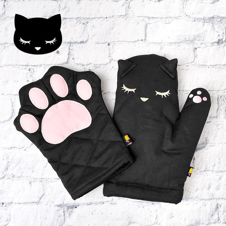 鍋つかみ かわいい おすましプーちゃん 猫 ねこ グッズ キッチン雑貨 プレゼント ギフト ミトン ストラップ付1 黒 キャンバス 肉球 グローブ 片手 650円 Sale 100 Off
