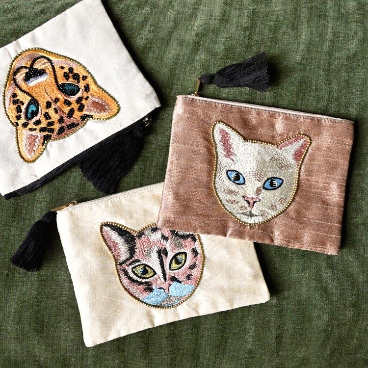 ポーチ 小物入れ 猫 ネコ フラットポーチ 刺繍 アニマル フェイス