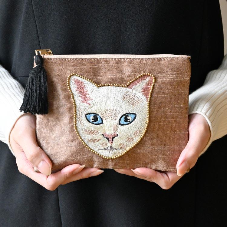 ポーチ 小物入れ 猫 ネコ フラットポーチ 刺繍 アニマル フェイス