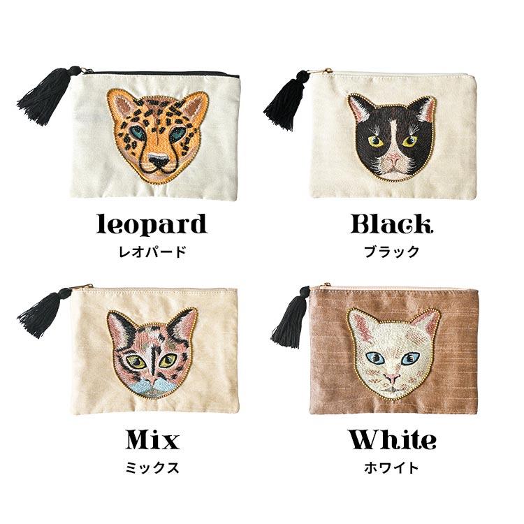 ポーチ 小物入れ 猫 ネコ フラットポーチ 刺繍 アニマル フェイス