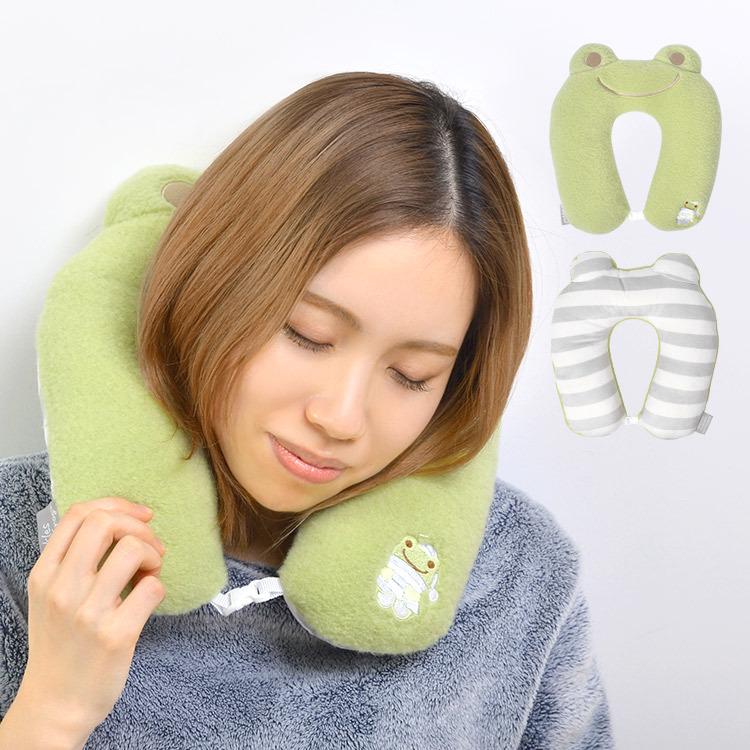 ネックピロー かえるのピクルス 子供 車 旅行用 首枕 お昼寝枕 ぬいぐるみ クッション ふわふわ 4円 落下防止 おしゃれ オンラインショップ 大人 飛行機 バス2 かわいい 留め具付き