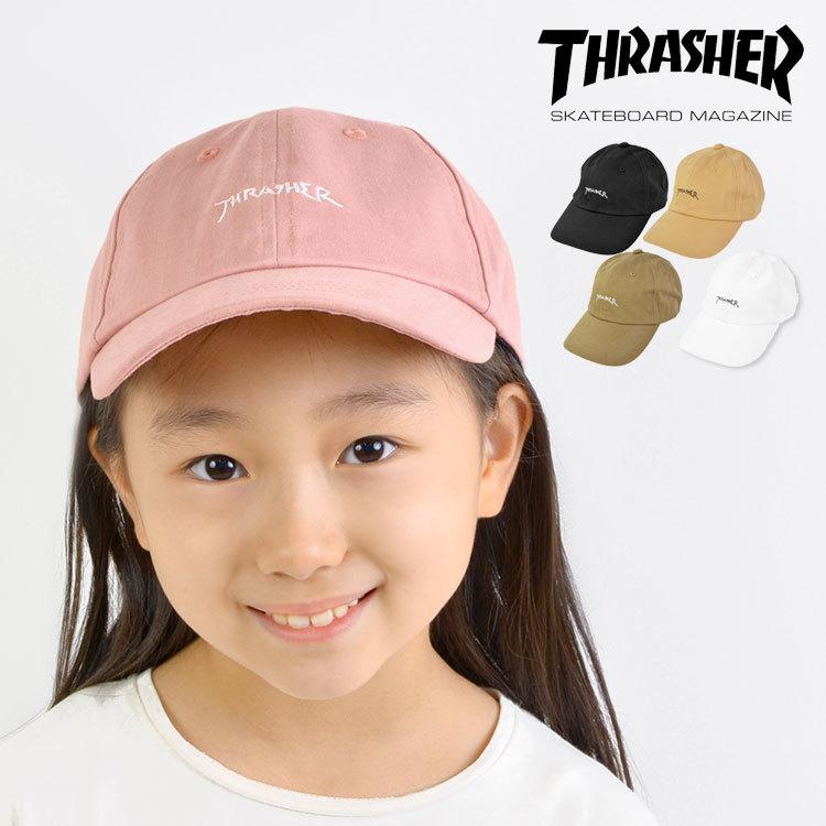 キャップ 帽子 thrasher スラッシャー キッズ ゴンズロゴ ジュニア 女の子 男の子 おしゃれ ブランド サイズ フリー 調節 ローキャップ 刺繍 ロゴ 黒 ベージュ｜hauhau