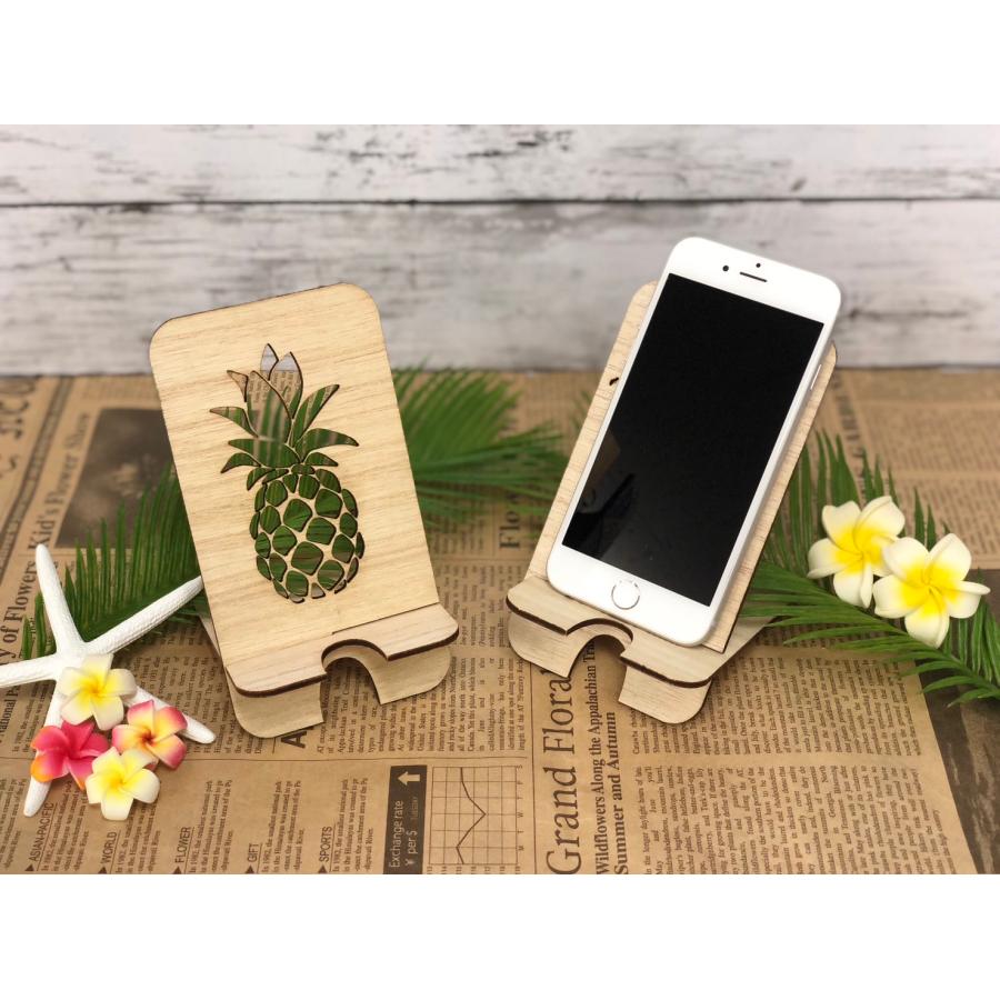 スマホスタンド 木製 オシャレ 卓上 充電コード穴 ハワイ パイナップル