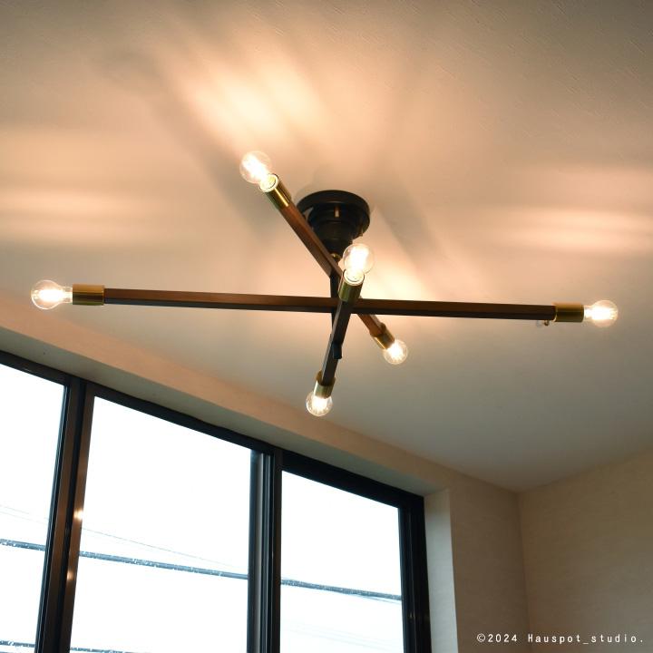シーリングライト モダンなウッドアームライト 6灯タイプ E26 ゴールド