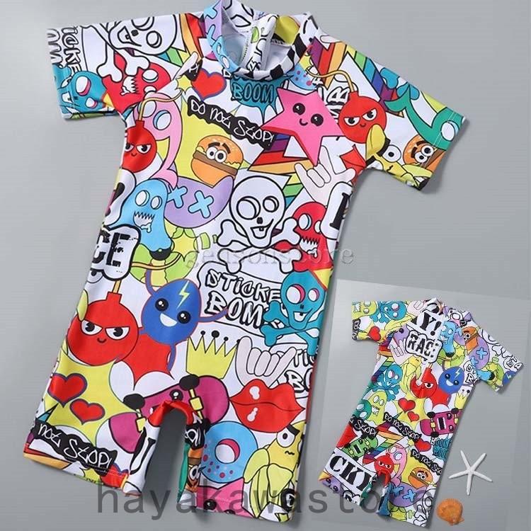 子供水着 オールインワン ラッシュガード ベビー キッズ水着 ロンパース 半袖 女の子 男の子 Uv紫外線対策 可愛い 子ども用 みずぎ おしゃれ プール 海 総柄 大特価