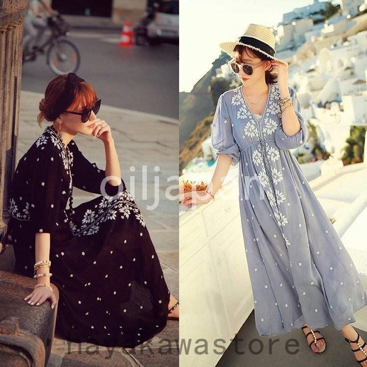福袋セール ワンピース レディース 花柄 おしゃれ リゾート ビーチ 夏 ヴィンテージ風 刺繍 七分袖 ロング丈 ミモレ丈 Vネック ワンピース カラー ライトブルー