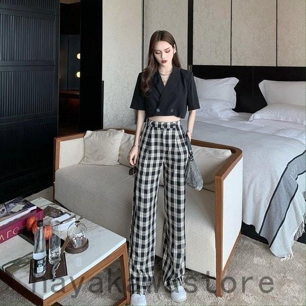 代 30代 40代 50代 レディース ファッション 女性 カジュアル 秋 春 夏服 チェック柄ストレートパンツ 春夏秋 タック入り 大人カジュアル 10代 品質が