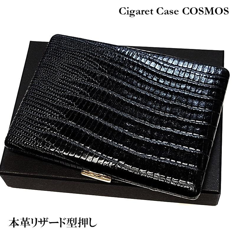 Pearl コスモス シガレットケース ブラック 革貼り 薄型 本革リザード