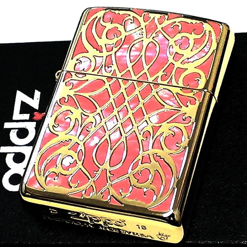 ZIPPO ライター アーマー ピンク シェル アラベスク 天然貝象嵌 重厚 