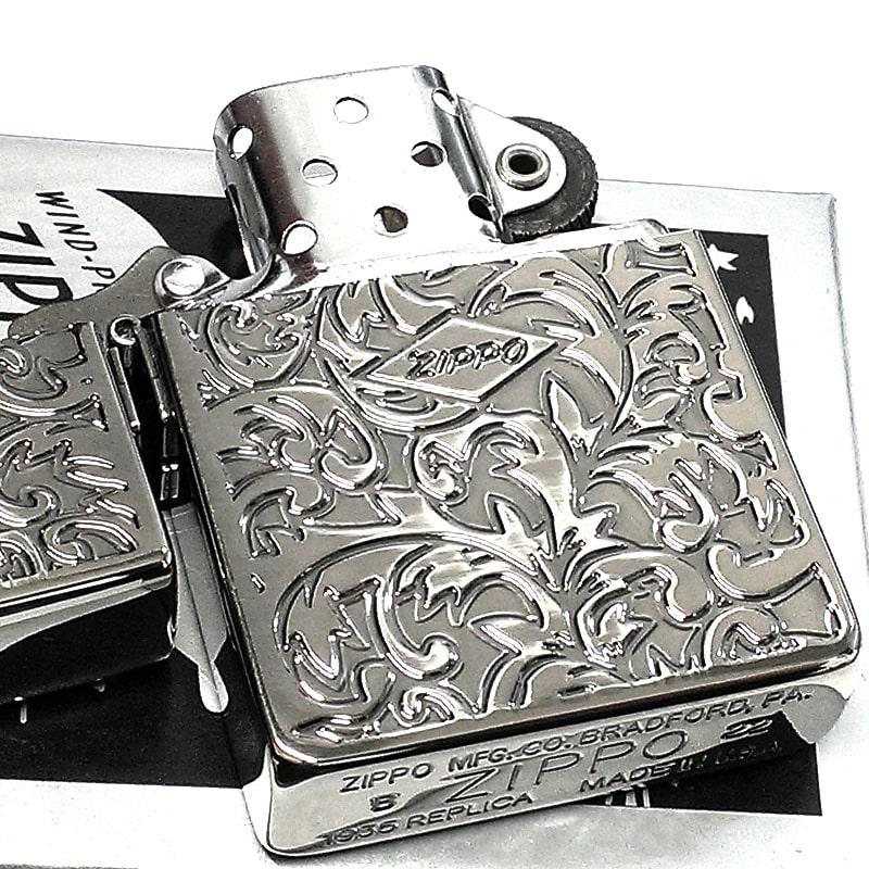 ZIPPO ライター ジッポ 1935 復刻レプリカ シルバー 燻し アラベスク 両面加工 3バレル 渋い かっこいい 唐草 彫刻 アンティーク 銀の画像
