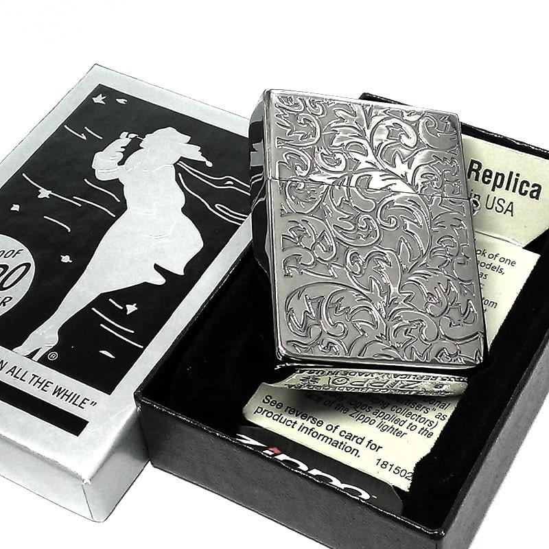 ZIPPO ライター ジッポ 1935 復刻レプリカ シルバー 燻し アラベスク 両面加工 3バレル 渋い かっこいい 唐草 彫刻 アンティーク 銀の画像