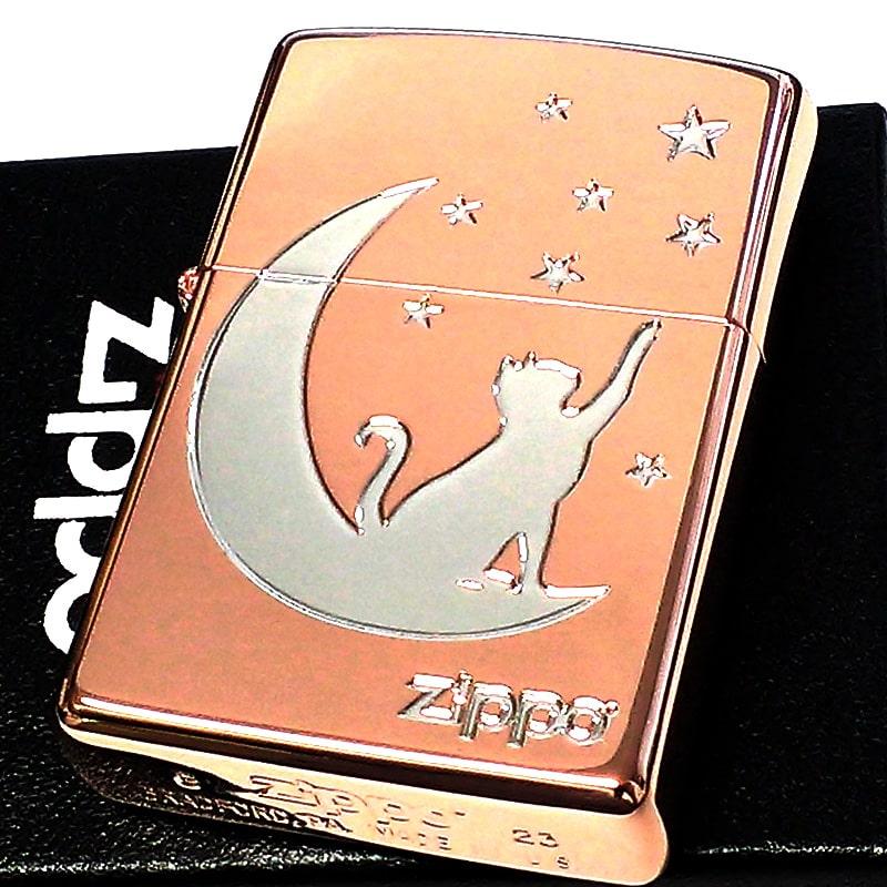 ZIPPO 月とネコ ピンクゴールド 猫 ジッポ ライター 彫刻 女性 ZIPPO 月とネコ ピンクゴールド 猫 ジッポ ライター 彫刻 女性