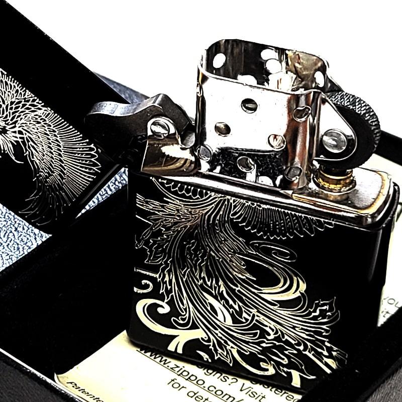 ZIPPO ライター かっこいい 和柄 鳳凰 マットブラック シルバー ジッポ