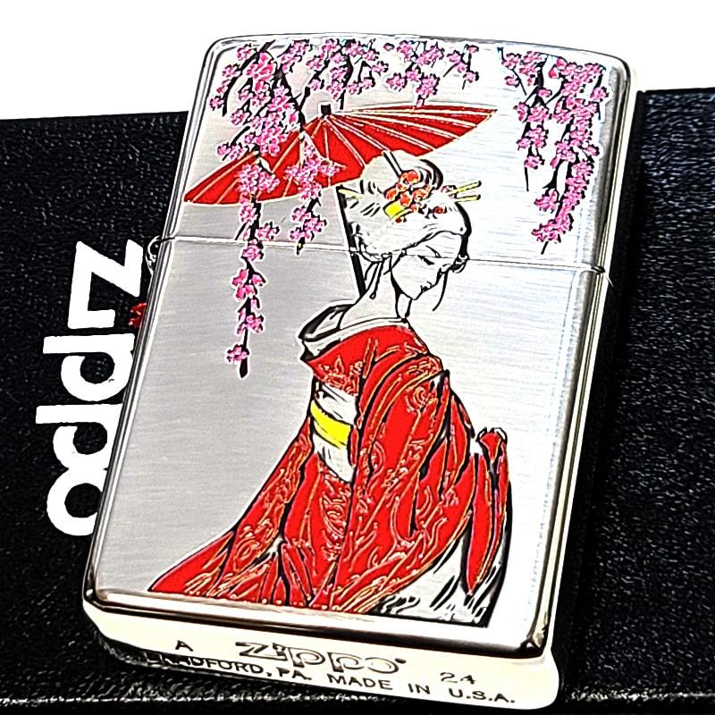 枝垂櫻様 ZIPPO ライター 芸者 紅色 和柄 ジッポ おしゃれ 枝垂桜 日本