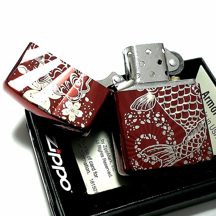 ZIPPO アーマー 和柄 ライター 鯉桜 赤 ジッポ かっこいい 重厚 深彫り