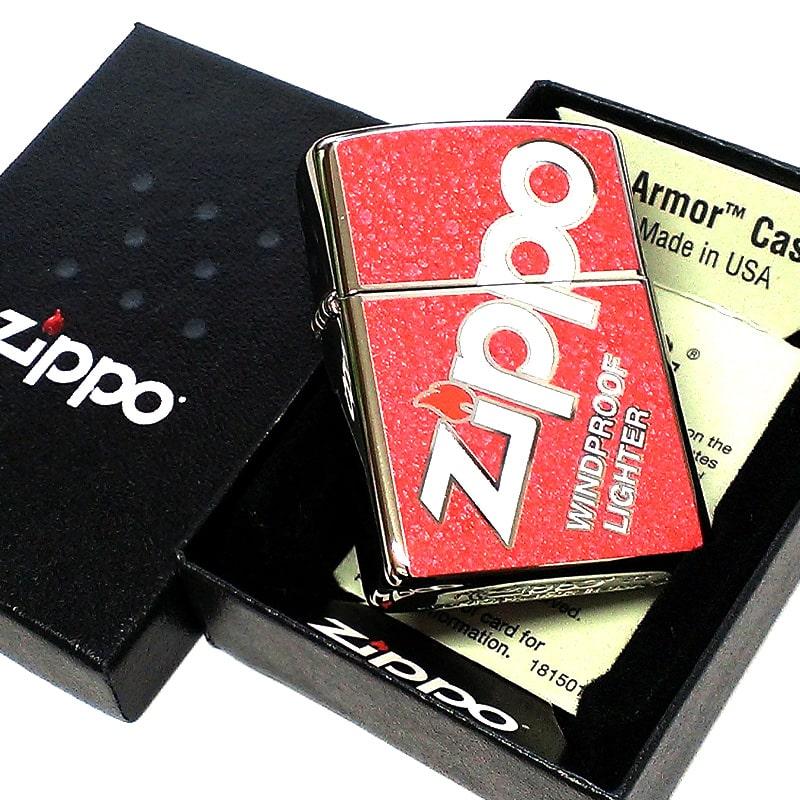 ライター アーマー Zippo Logo ジッポ ロゴデザイン レッド ダブルフルカラー おしゃれ シルバー 両面加工 赤 【れる】