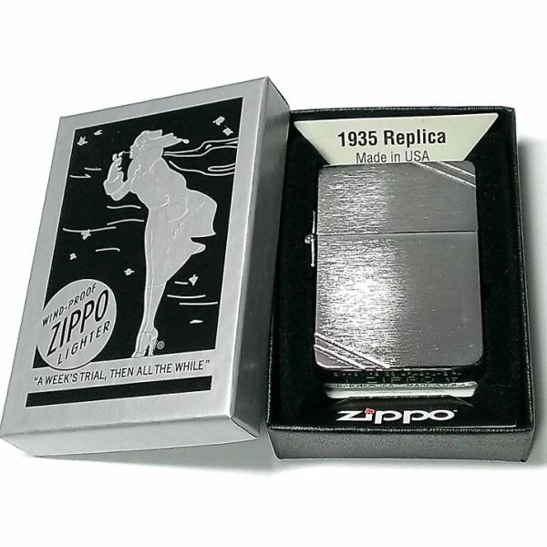 ZIPPO ライター ジッポ 1935 復刻レプリカ シルバーサテン ダイアゴナルライン 両面 3バレル シンプル アンティーク 角型の画像