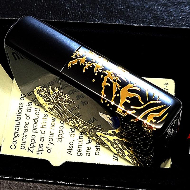 ZIPPO 和柄 波富士 ジッポ ライター 艶消し 黒 二面加工 彫刻 