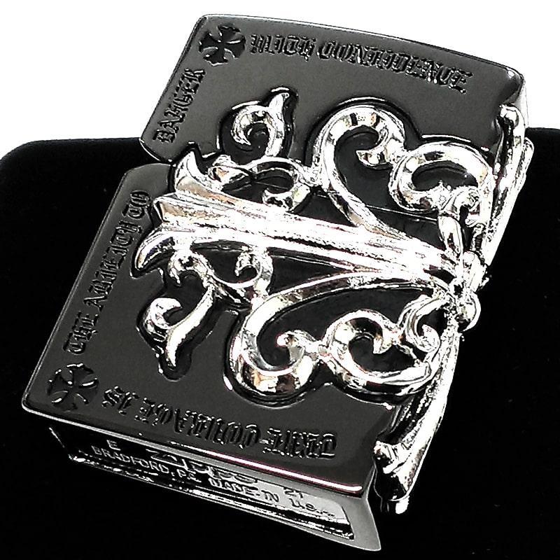 ZIPPO ライター メタルジャケット 超重厚 ブラックニッケル クロス 黒銀 シルバー 大型3面メタル ジッポ ギフト 5面加工 彫刻_6