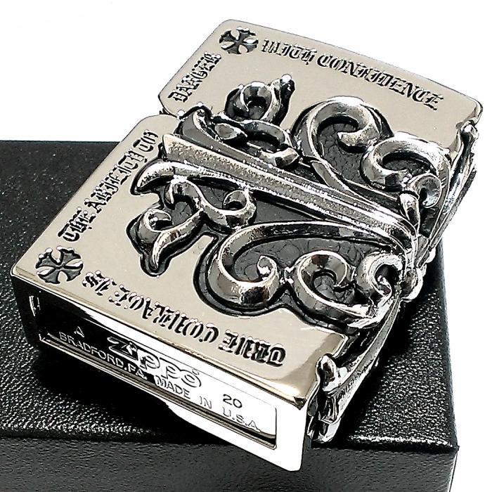ZIPPO ライター メタルジャケット クロス シルバーイブシ ジッポ 5面 