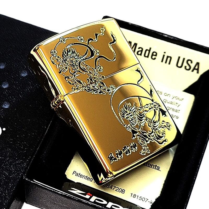 ZIPPO ライター 風神雷神 和柄 ジッポ 鏡面ゴールド 彫刻 黒差し