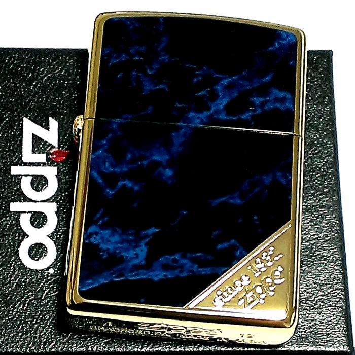 ジッポ おしゃれ ライター ZIPPO ロゴ＆黒大理石 ブルー/ブラック 両面加工 彫刻 ゴールド 金タンク Logo Marble かっこいい  メンズ ギフト