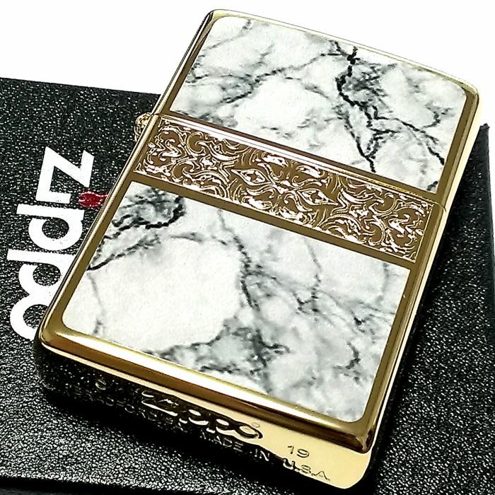 ZIPPO ライター アラベスク＆大理石 ジッポ Arabesque Marble 両面加工 彫刻 ゴールド ホワイト 金タンク かっこいい メンズ  プレゼント