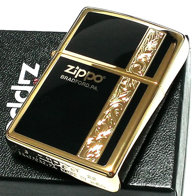 ZIPPO ライター ジッポ シンプル アラベスク ライン入り ロゴ 金 両面加工 ゴールド ブラック かっこいい メンズ ギフト プレゼント｜hayamipro