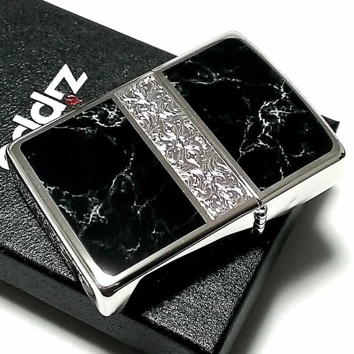 ZIPPO おしゃれ ライター アラベスク＆黒大理石 ジッポ シルバー