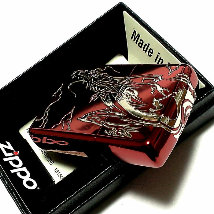 ZIPPO ライター 3面龍 和柄 ワインレッド ジッポ かっこいい 赤