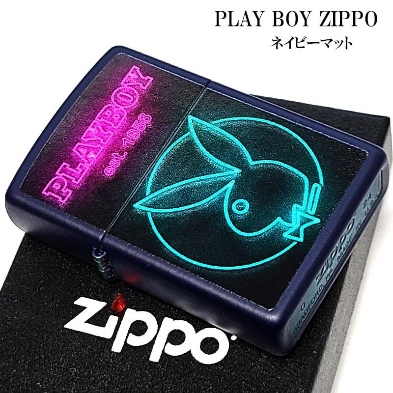 ZIPPO プレイボーイ ラビットヘッド PLAYBOY ロゴ ジッポ ライター 可愛い ネイビーマット ネオン 艶消し おしゃれ ウサギ メンズの画像