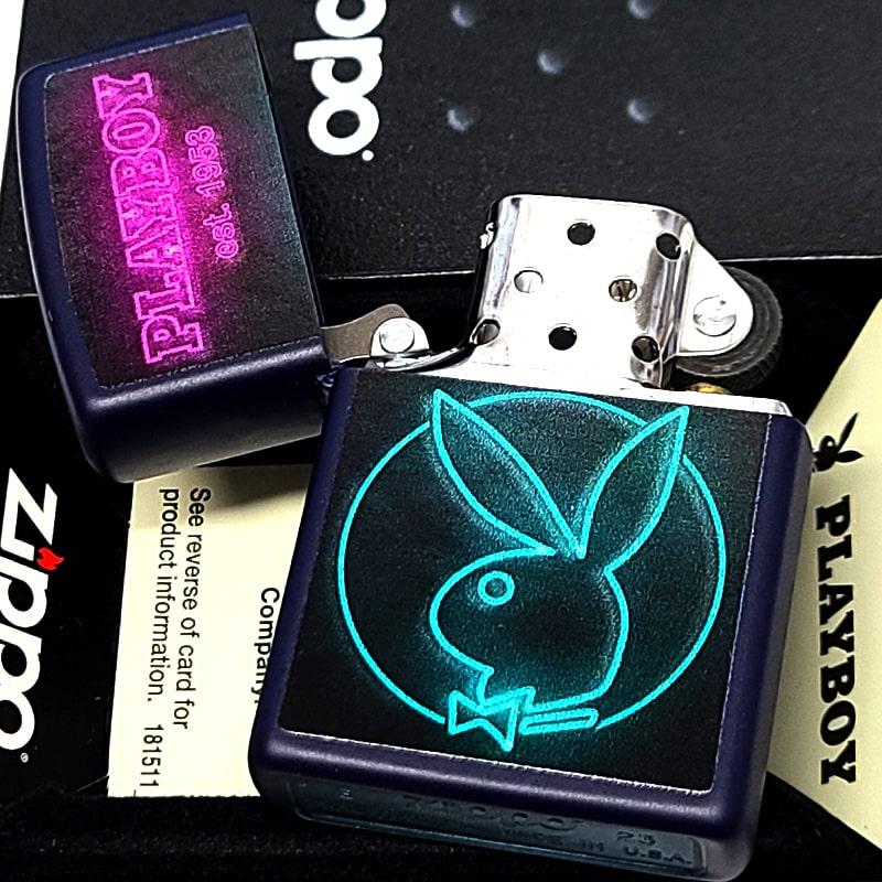 ZIPPO プレイボーイ ラビットヘッド PLAYBOY ロゴ ジッポ ライター 可愛い ネイビーマット ネオン 艶消し おしゃれ ウサギ メンズの画像