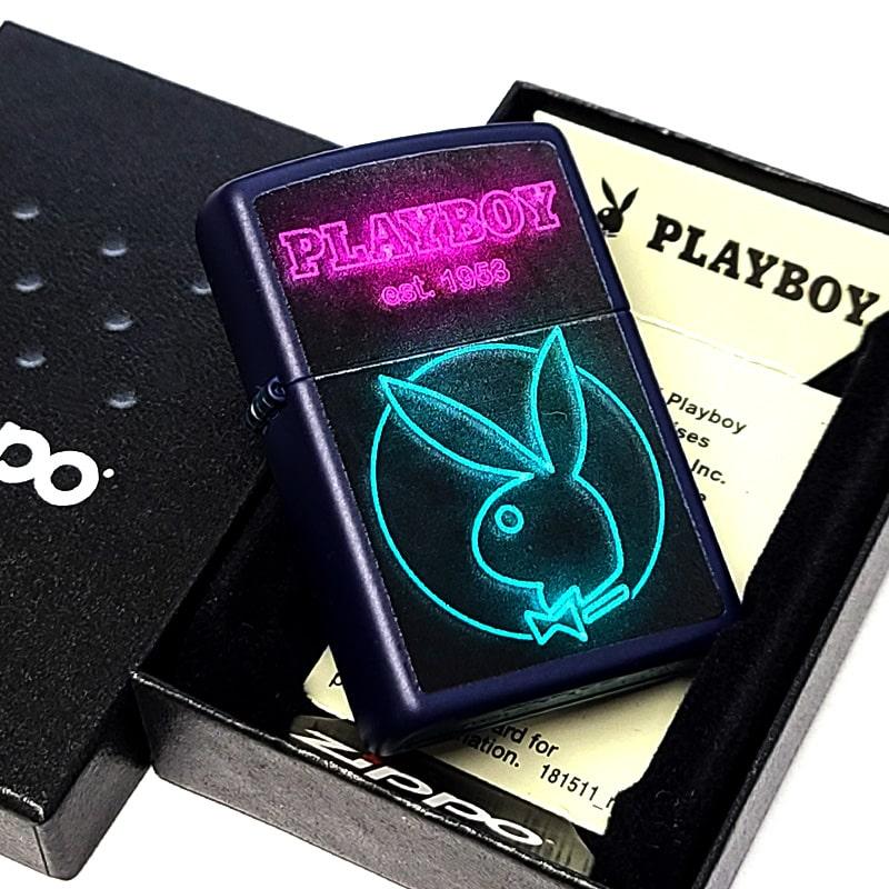 ZIPPO プレイボーイ ラビットヘッド PLAYBOY ロゴ ジッポ ライター 可愛い ネイビーマット ネオン 艶消し おしゃれ ウサギ メンズの画像