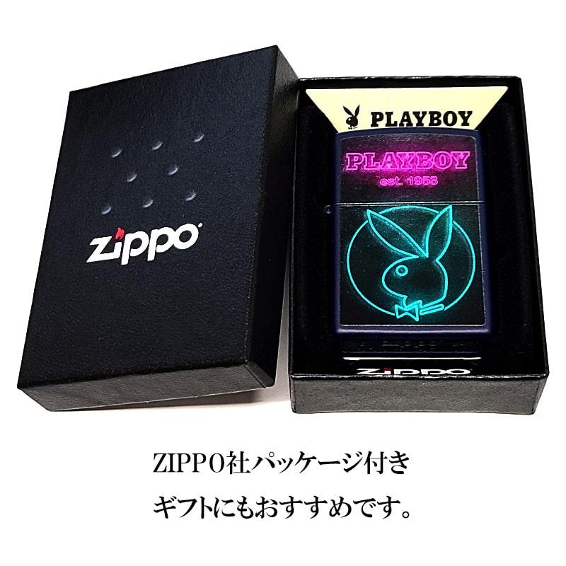ZIPPO プレイボーイ ラビットヘッド PLAYBOY ロゴ ジッポ ライター 可愛い ネイビーマット ネオン 艶消し おしゃれ ウサギ メンズの画像