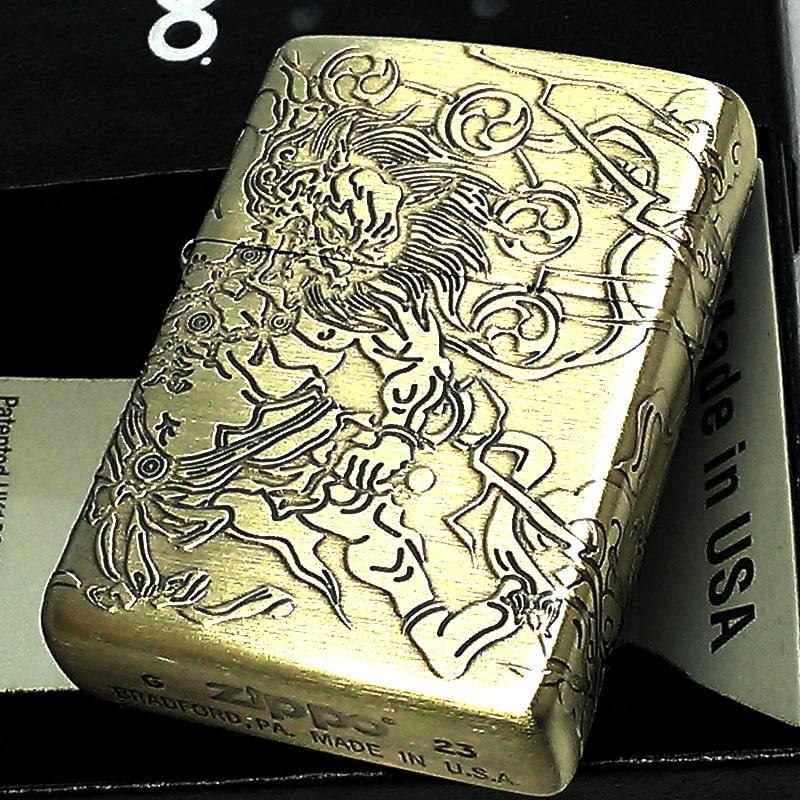 日本に ジッポ 風神雷神 ZIPPO ライター アンティーク 4面連続彫刻 アクセサリー
