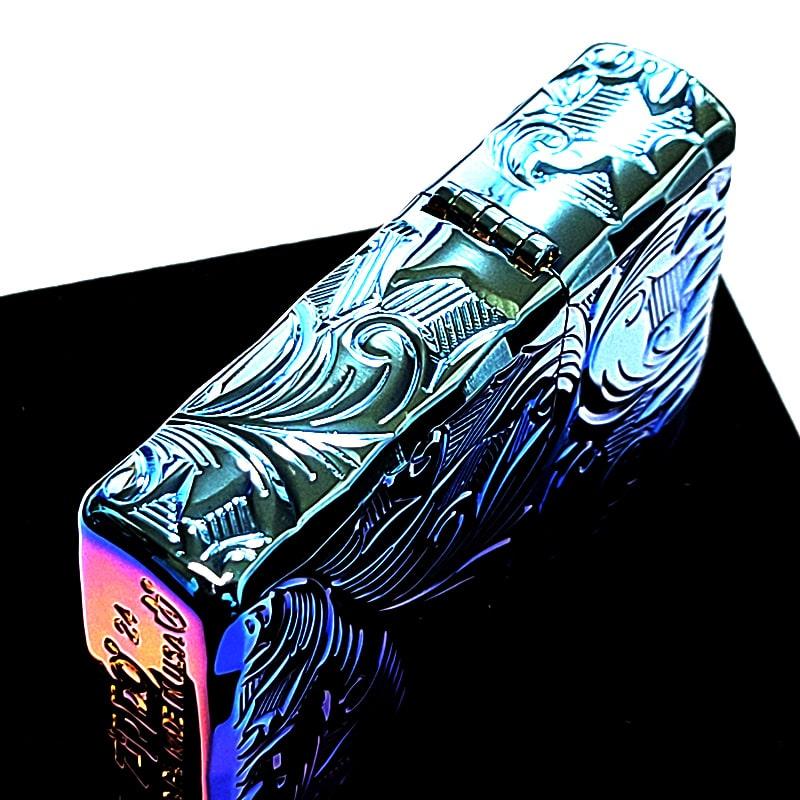 ZIPPO アーマー ブルーレインボー チタン 5面立体彫刻 リーフ ジッポ