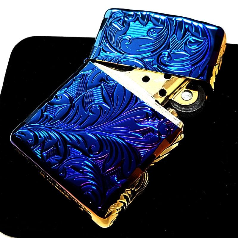Zippo 青い装飾ライター ZIPPO アーマー ブルーレインボー チタン 5面立体彫刻 リーフ
