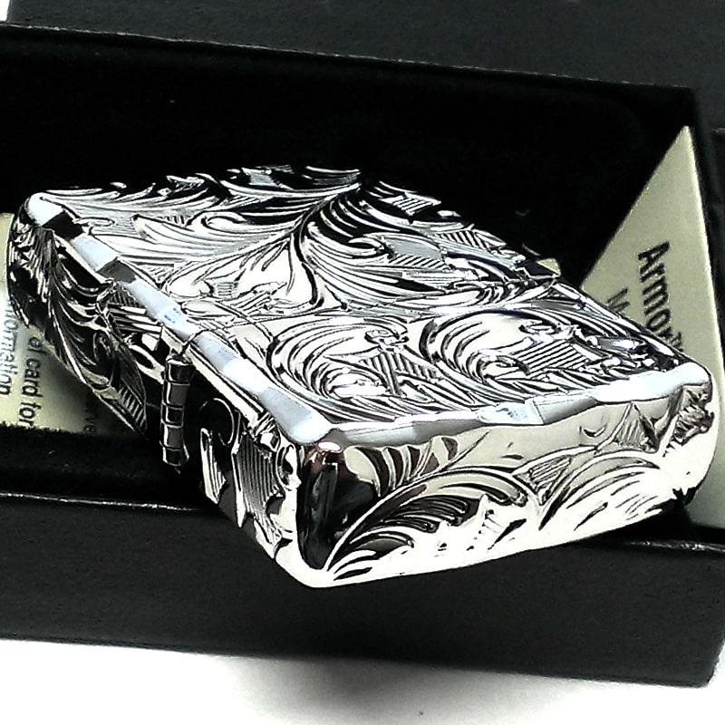 ZIPPO アーマー ジッポ ライター ５面立体彫刻 唐草 リーフ 鏡面 プラチナシルバー 深彫り 銀 かっこいい 両面シャインレイ 重厚 高級｜hayamipro｜08