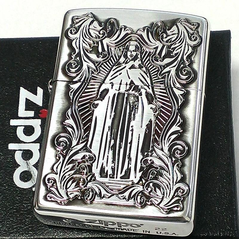 ZIPPO ディープエッチングアラベスクマリア 銀 ジッポ ライター 逆エッチング 御守り 彫刻 シルバーいぶし 両面柄 かっこいい 女性 メンズ