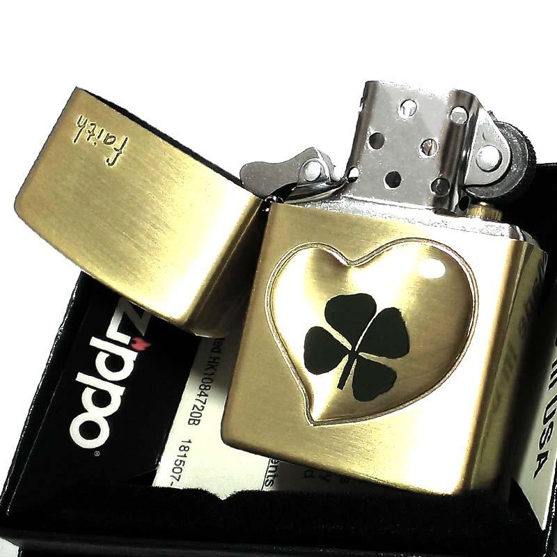 ZIPPO ライター 可愛い 本物の四つ葉のクローバー faith アンティークゴールド ブラス ジッポ かわいい ハート 幸運 ギフトの画像