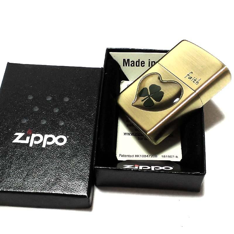 ZIPPO ライター 可愛い 本物の四つ葉のクローバー faith アンティークゴールド ブラス ジッポ かわいい ハート 幸運 ギフトの画像