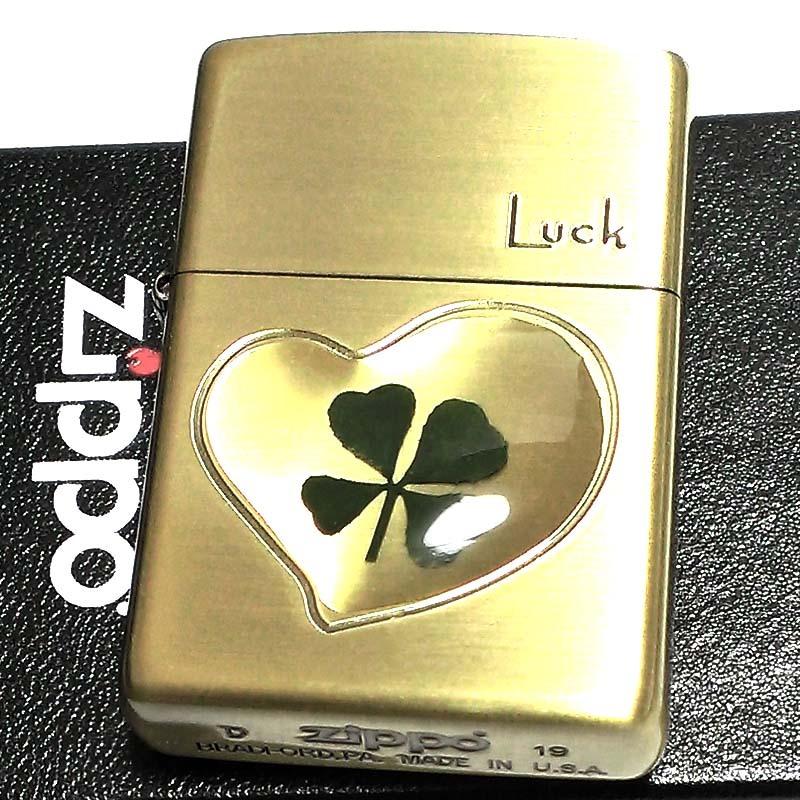 ZIPPO ライター 可愛い 本物の四つ葉のクローバー Luck アンティークゴールド ブラス ジッポ かわいい ハート 幸運 おしゃれ レディース