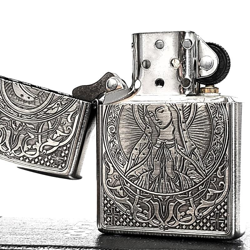 Zippo オイルライター マリア像 彫刻 シルバーカラー ZIPPO（ジッポー） ライター マリア ジッポ 彫刻 御守り ニッケル古美