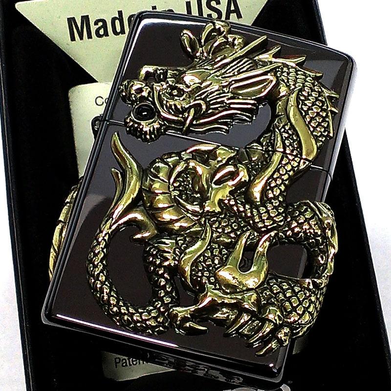 ZIPPO 限定 1000個生産 和柄 ジッポ ライター 龍 ダブルドラゴンメタル ブラックニッケル 天然オニキス 竜 両面大型メタル シリアルNo入り