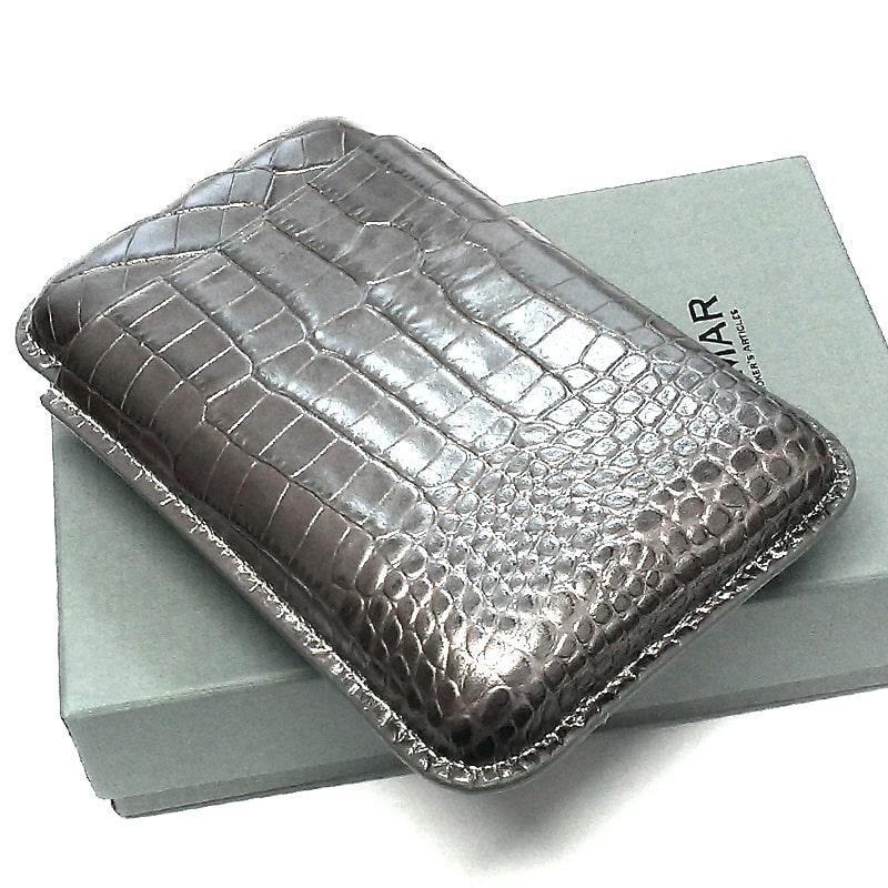 美品 1930年代（昭和初期◆幾何学模様 シルバー製（銀製）二つ折りタバコケース 葉巻ケース JEMAR シガーケース クロコグレー 3本用 本革