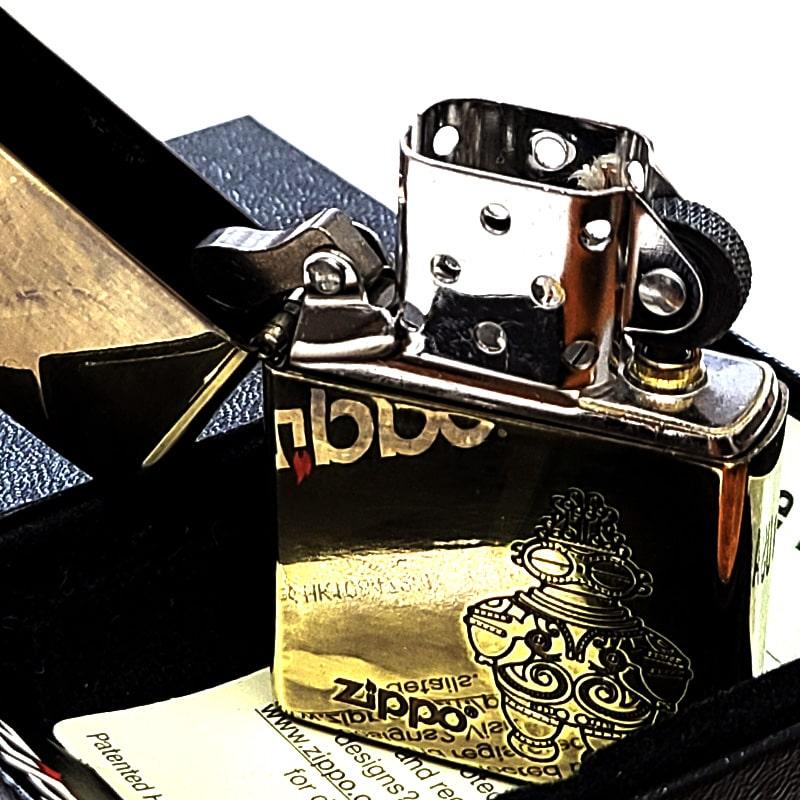 ZIPPO アンティーク 土偶 ジッポ ライター 彫刻 ロゴ ユーズドフィニッシュ ブラス ビンテージ 和風 ゴールド 渋い ヴィンテージの画像